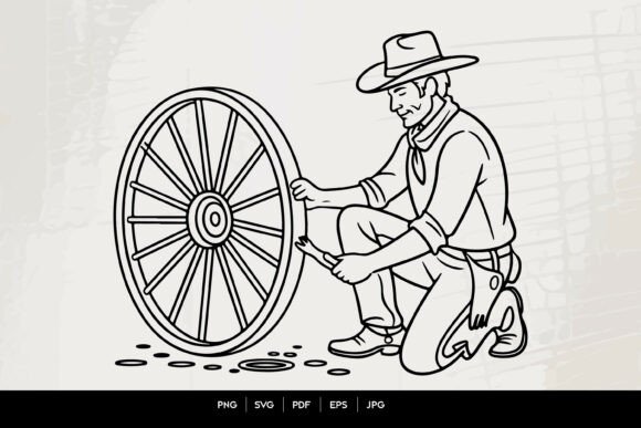 Cowboy Repairing Wagon Wheel Graphics for Crafts