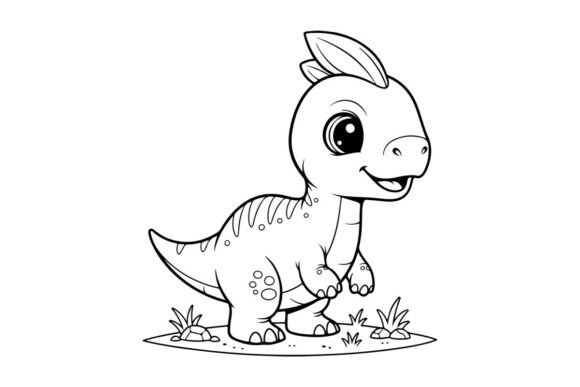 Cute Baby Dino Walking in Nature Fla Graphics Illustration