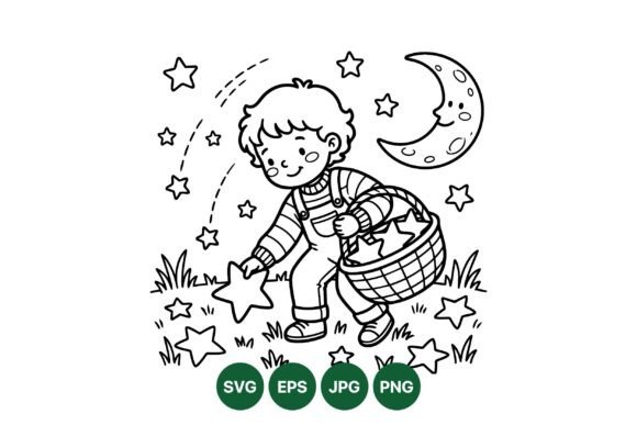 Cute Boy Picking Stars Clipart: Graphics & Illustrations