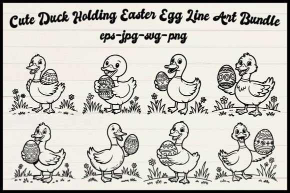 Cute Duck Holding Easter Egg Line Art Graphics & Illustrations