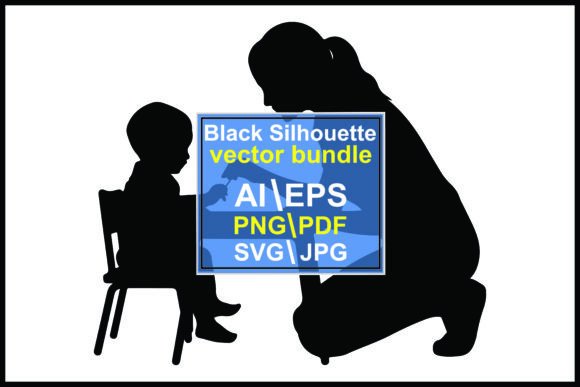 Silhouettes Woman Helping Child Table Graphics