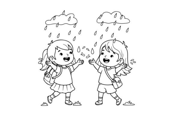Two Happy Schoolgirls Jumping Vector Ill: Illustrations & Graphics
